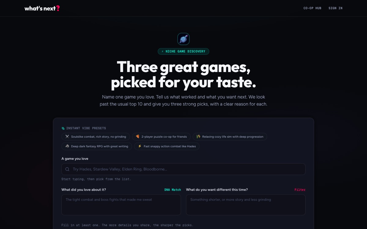 WhatsNext homepage showing the game recommendation prompt